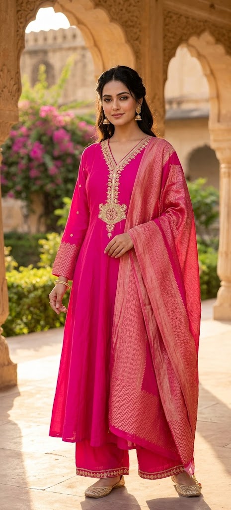 Vibrant Panel Dola Silk Anarkali Full Suit Set With Dupatta With Intricate Embroidery