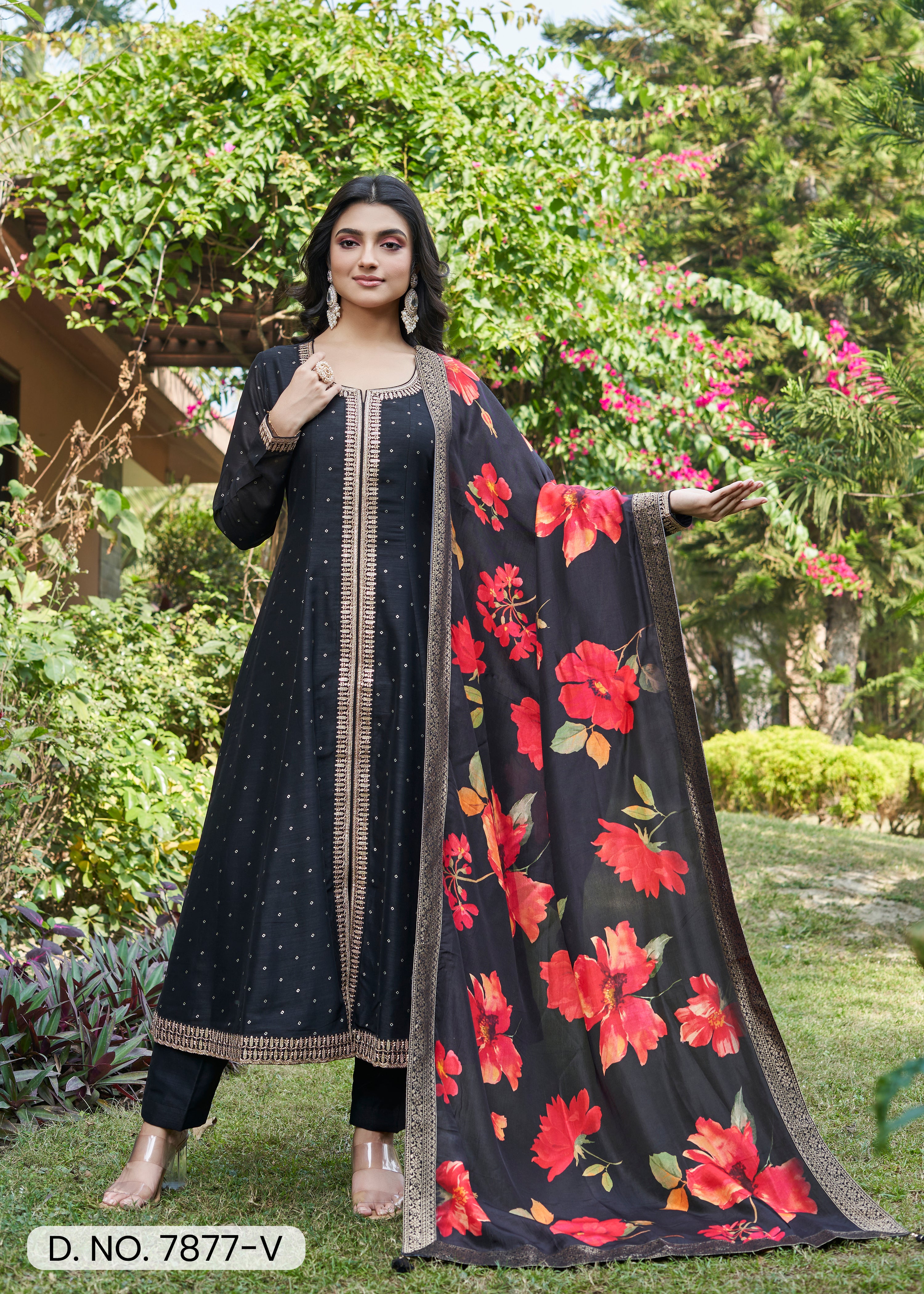 Graceful Black Silk Anarkali Suit with Vibrant Floral Dupatta