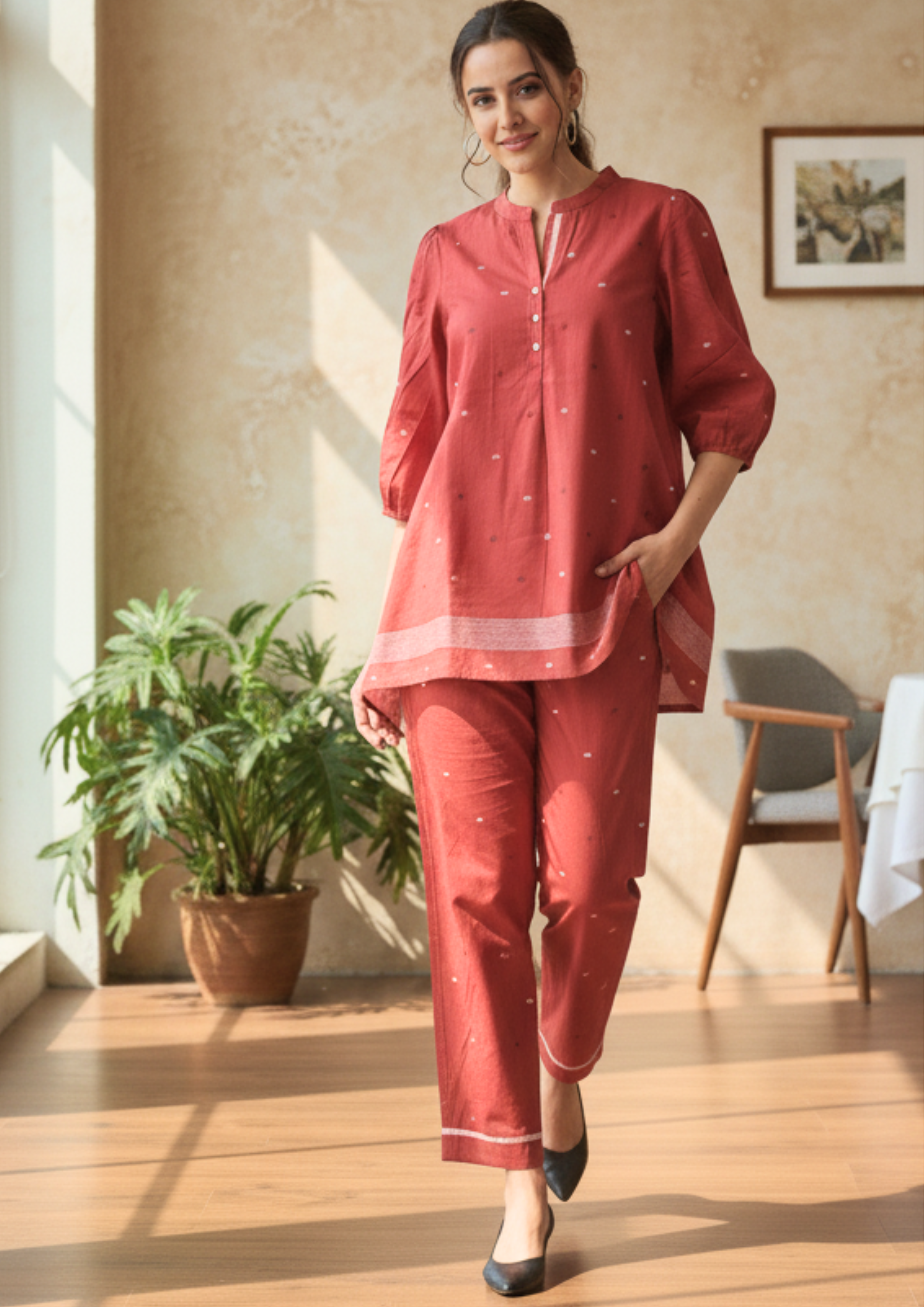 Rust Mul Cotton Co-Ord Set with Minimal Motifs & Relaxed Fit RB62