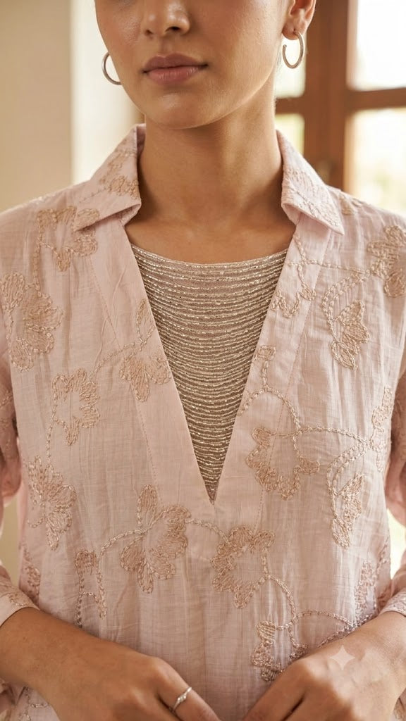 Soft Pastel Embroidered Shirt  Delicate Floral Detailing and Glamorous Stone work Layer