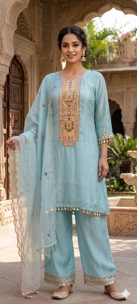 Royal Multicolor Yoke With Real Mirror Touch A-Line Full Suit Set With Dupatta In HO Silk Fabric- 14074