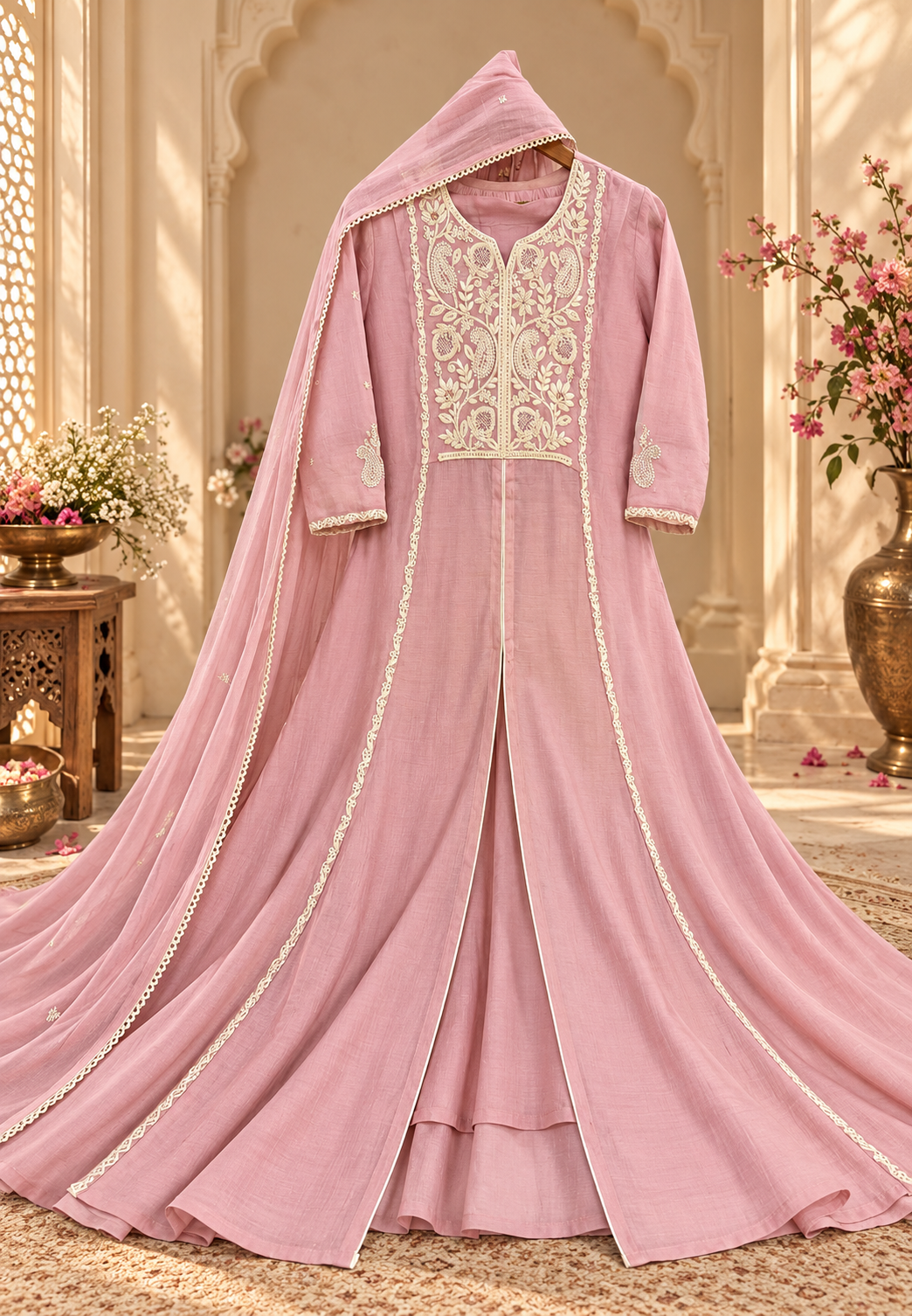 Pastel Shade Crush Surat Mul-Chanderi A-line Front Slitted Lace Detailing Embroidered Full Suit Set With Dupatta- 16765