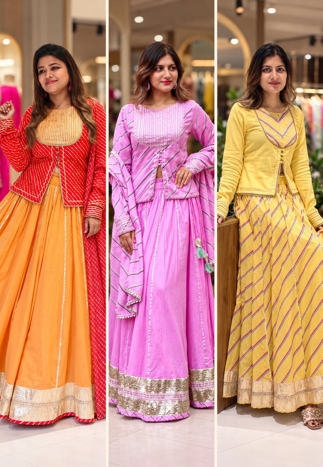 Festive Grace Leheriya Prints Gotta Patti Highlights Kota Doria Classic Front Slitted Kurta With Flared Contrasted Skirt Bottom & Dupatta- 16755,16950