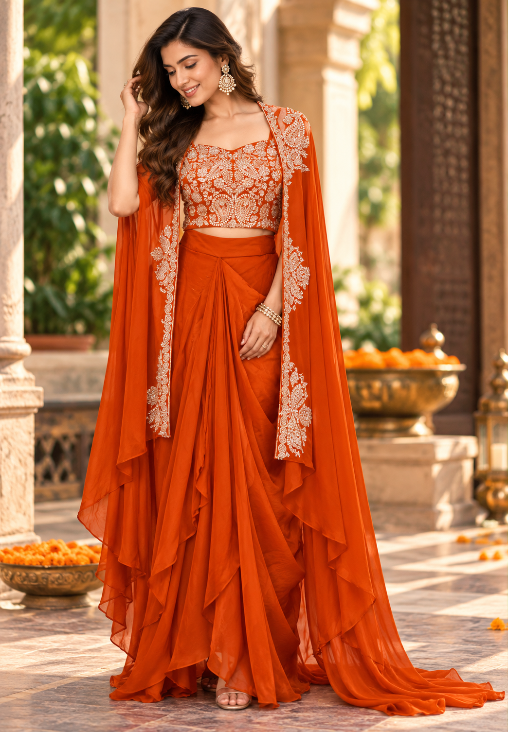 Luxury Chinon 3-Piece indowestern Heavy Embroidery,Crop Top with Dhoti & Flowing Cape 16826