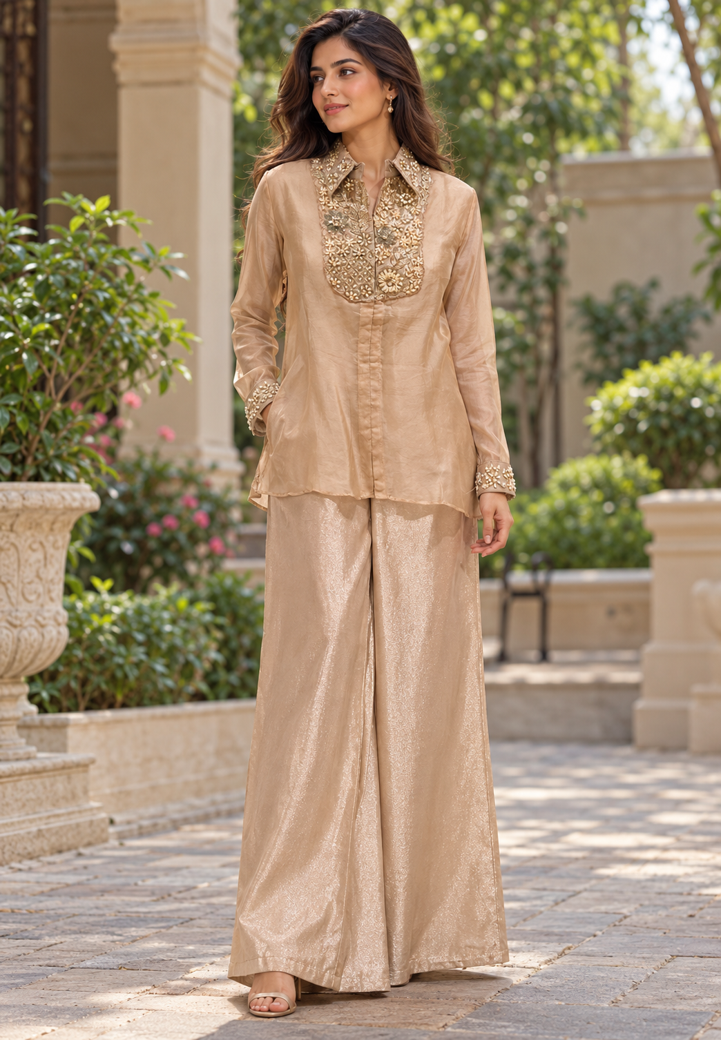 Elegant Champagne Gold Tissue Cord Set with Bustier, Designer Embroidered Shirt & Stylish Tissue Tapered Palazzo Pants- 16894