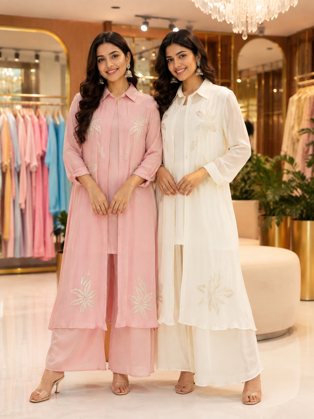 Premium Chinon Fine Cut-Dana Petal Inspired Embroidery Outer Look Indo Co-Ord Set- 15948