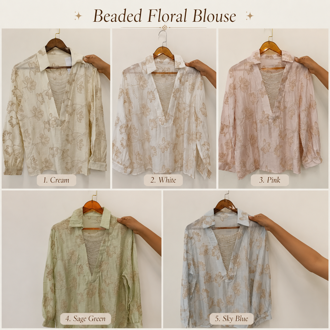 Soft Pastel Embroidered Shirt  Delicate Floral Detailing and Glamorous Stone work Layer