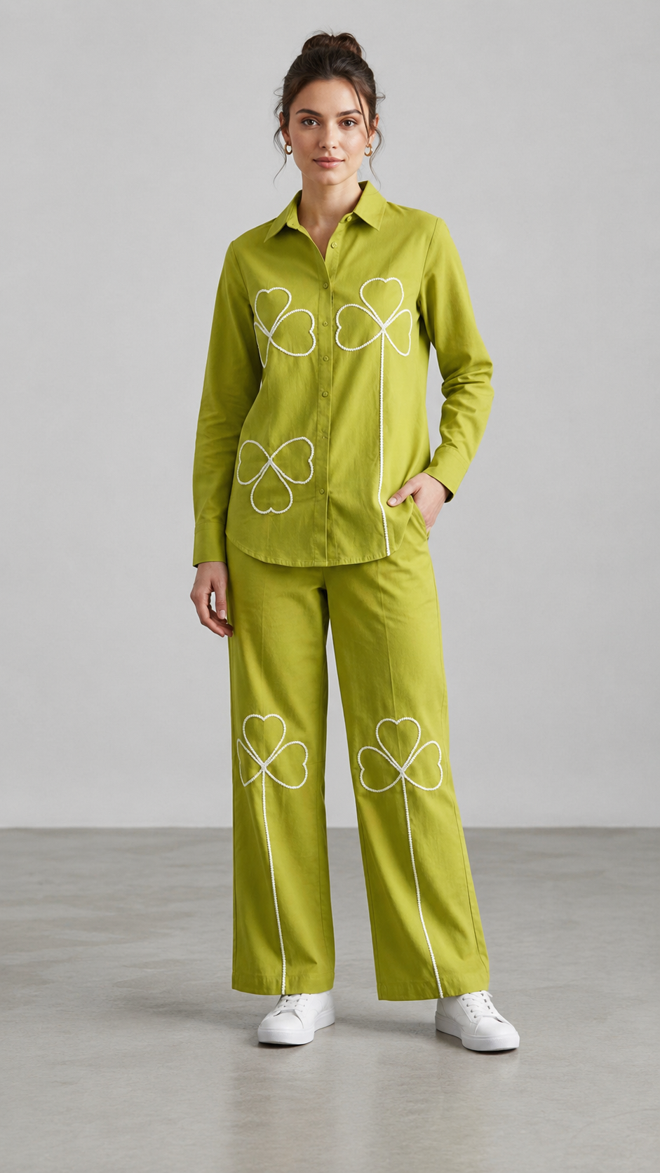 Casual Cotton Co-Ord Set with White Rope Floral Embroidery-15177