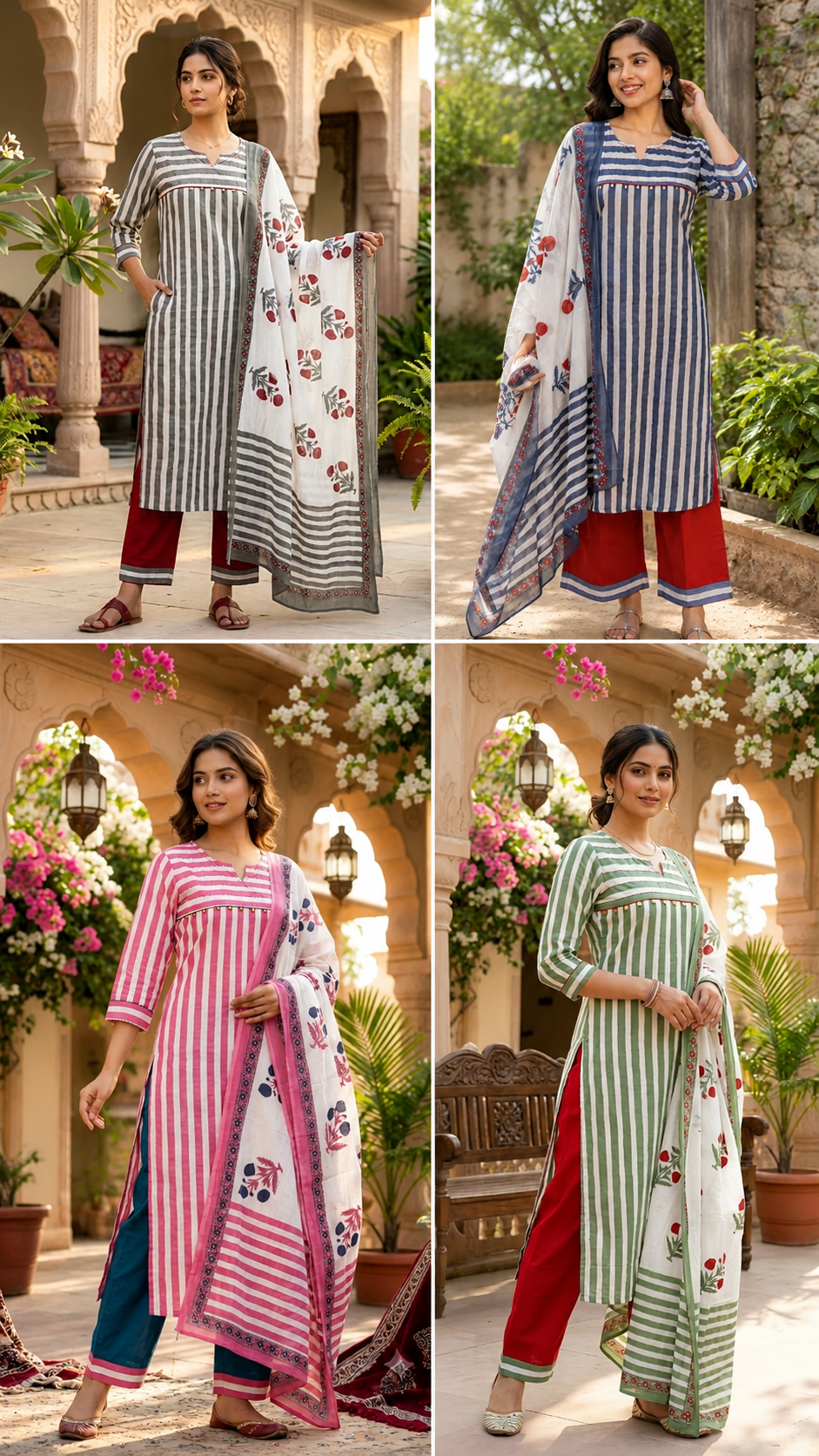 Striped Cotton Pure Cotton Long Kurta Suit Set with Floral Printed Dupatta-15174