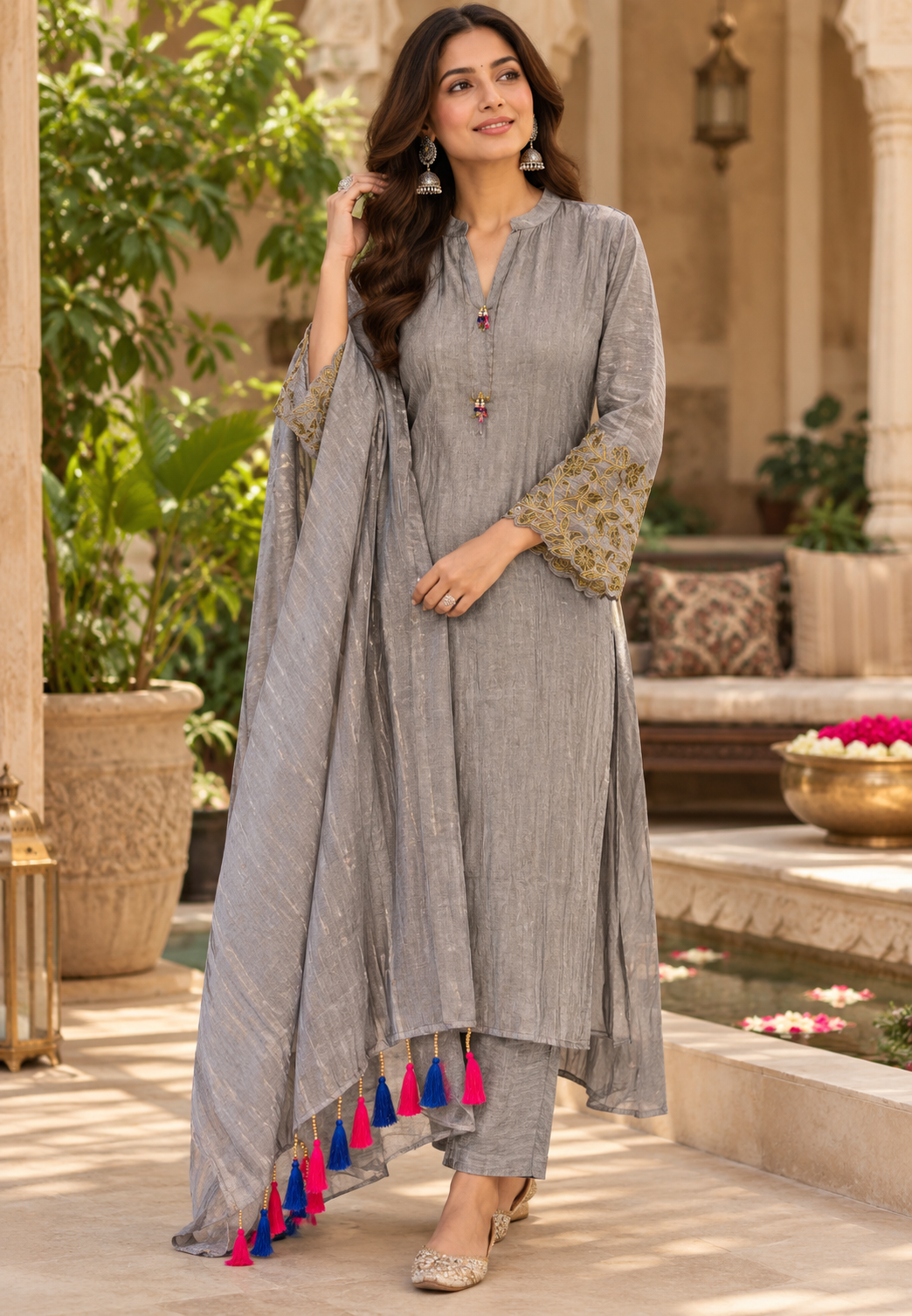 Minimal Elegant Beaded Broach Accent Neckline Crush Tissue Full Suit Set With Dupatta- 15707
