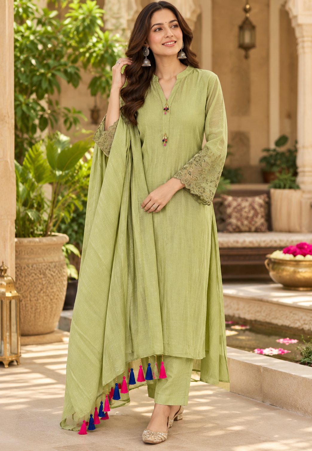 Minimal Elegant Beaded Broach Accent Neckline Crush Tissue Full Suit Set With Dupatta- 15707