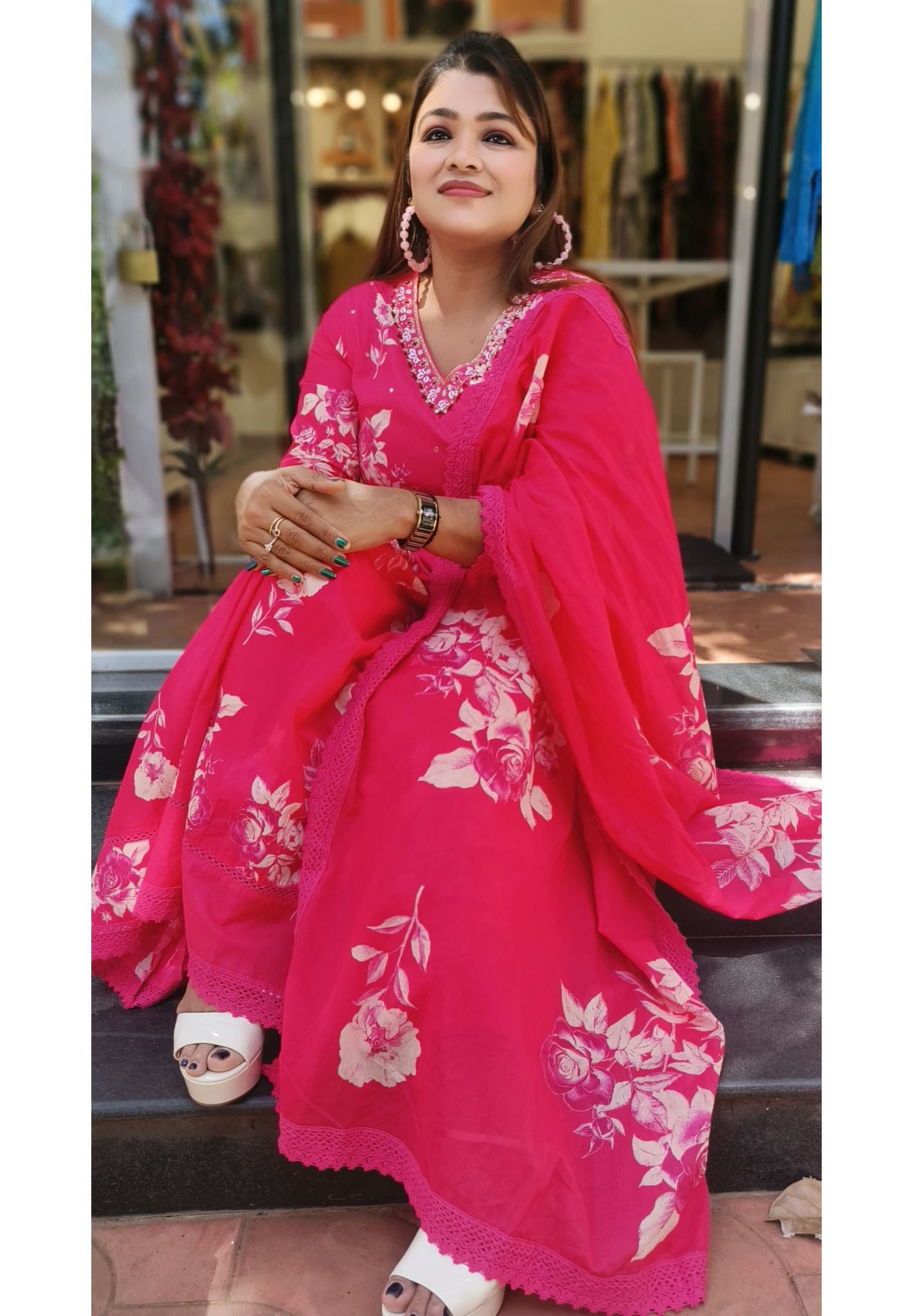 Bright floral print Angrakha cotton full suit with cotton dupatta  DRY WASH-04223