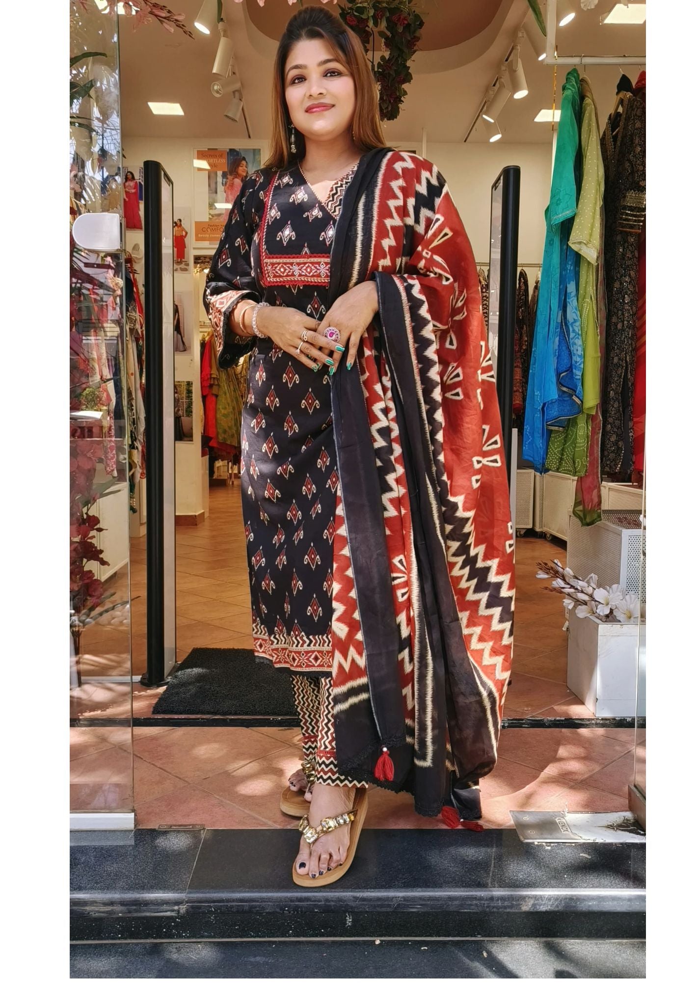 Black  maroon printed Summer cotton embroidered  Beautiful full set with cotton dupatta DRY WASH-04219