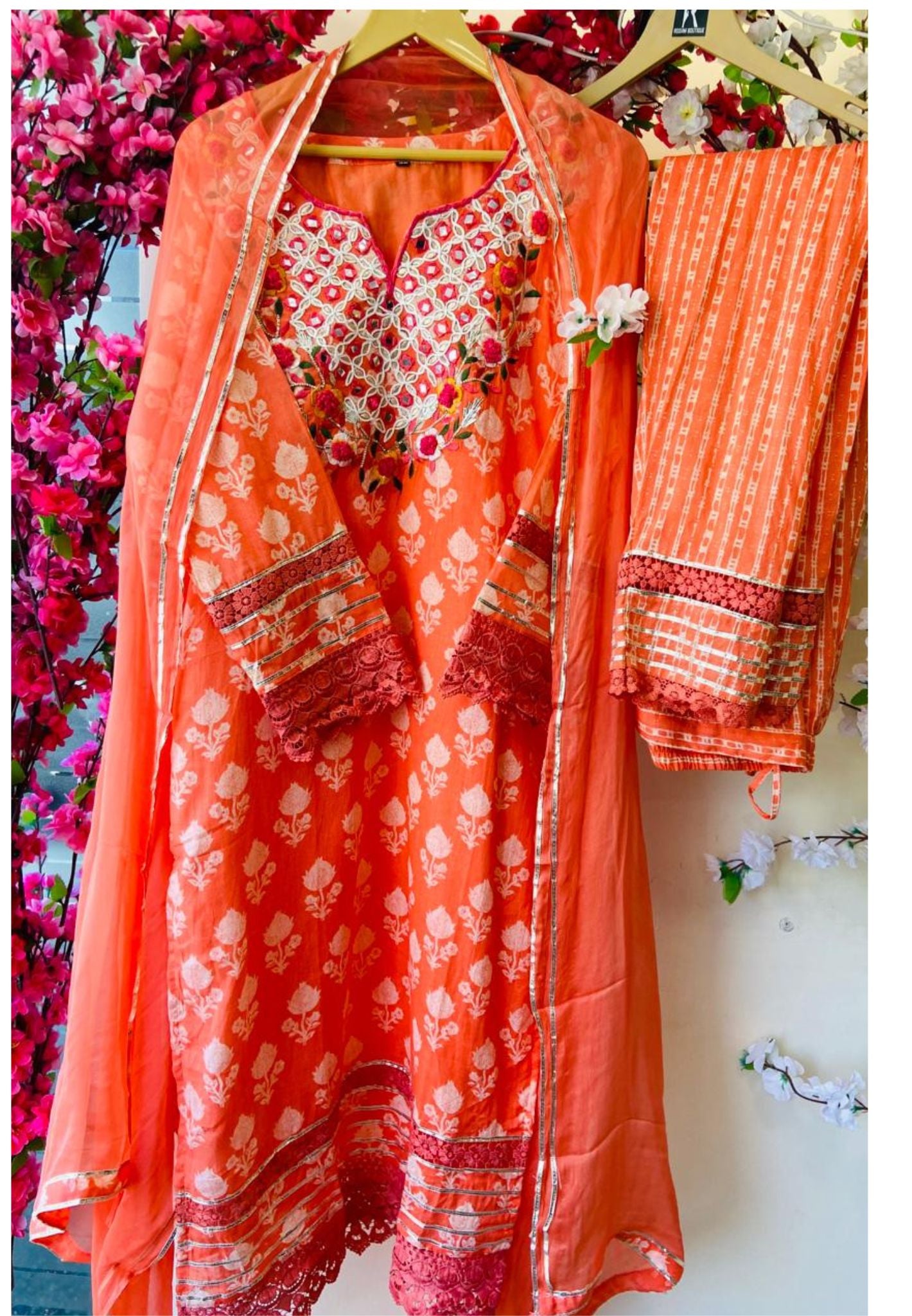 Mirror Embroidered Mall Cotton Orange  Full Suit  With Lining Set of 3-04371
