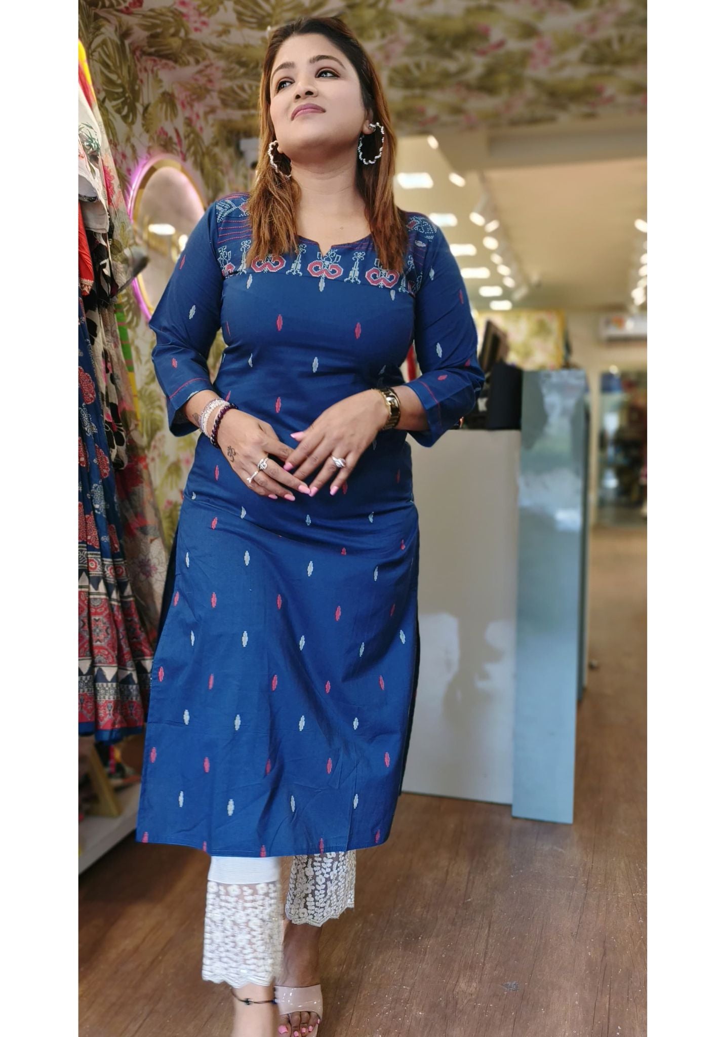Blue Printed Lean Fit  Round Neck Only Kurti -04449