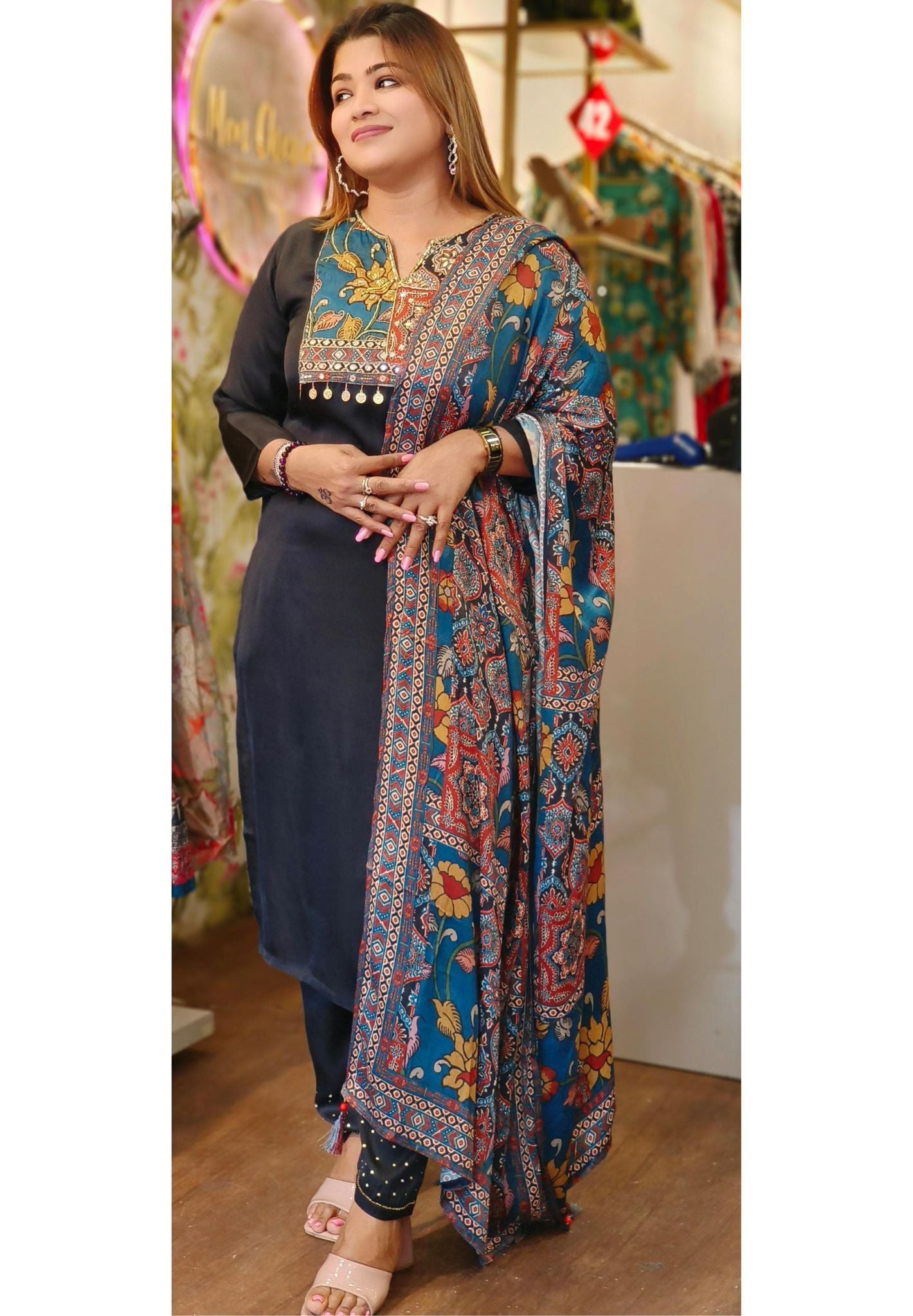 Black Beautiful Ajrak Print Neck With Gajji Silk Floral Dupatta Full Suit With Lining Set of 3-04332