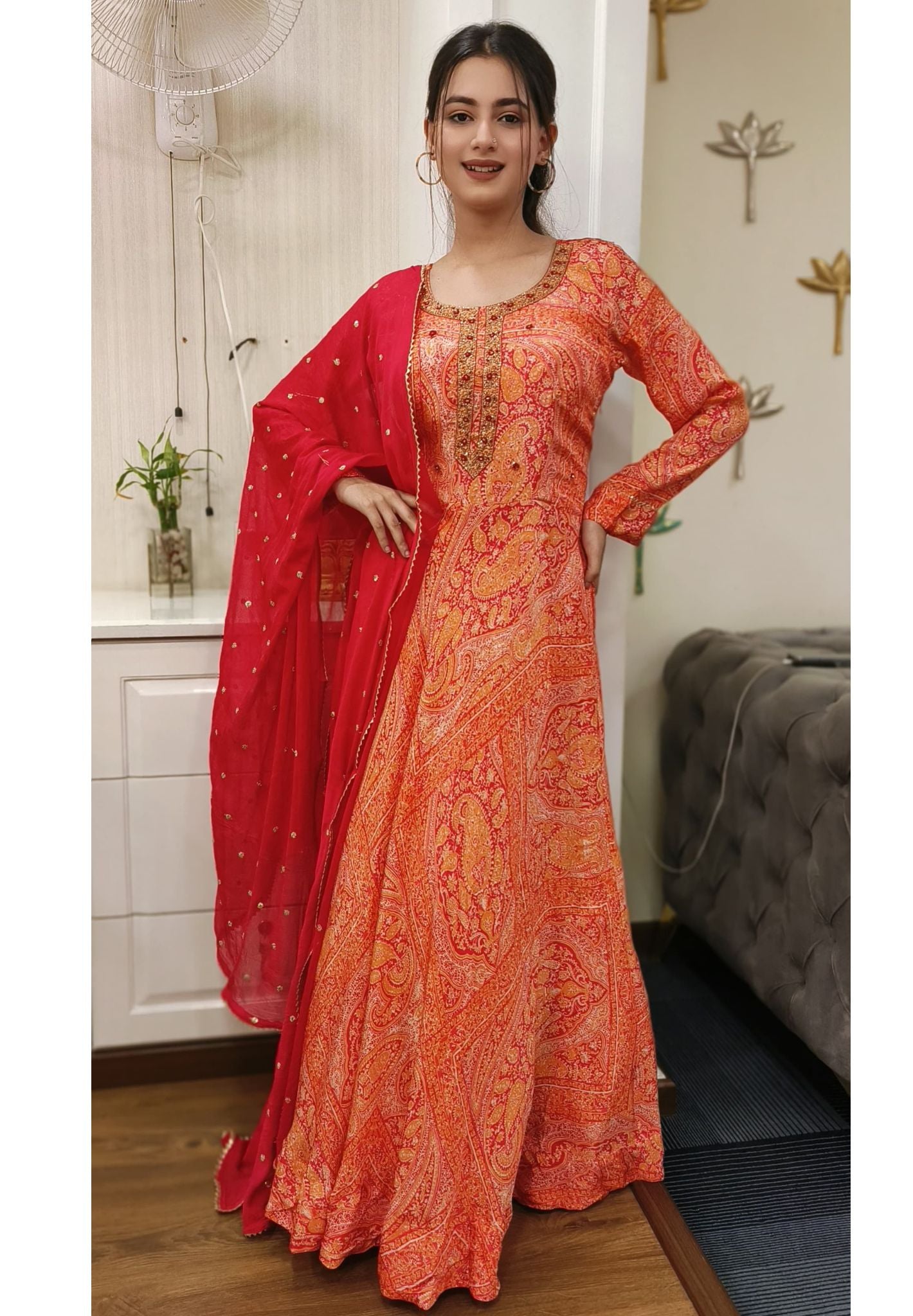 Printed Embroidered Crape Gown With Cut Dana Embroidery And Chiffon Dupatta  DRY WASH ONLY-04480