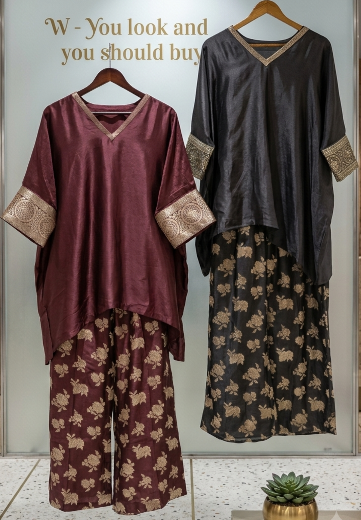 Kaftan Style Raw Silk Top with Antique Gold Brocade V-Neck and Sleeve Borders Kurta With and Matching Floral Printed Pant- 17046