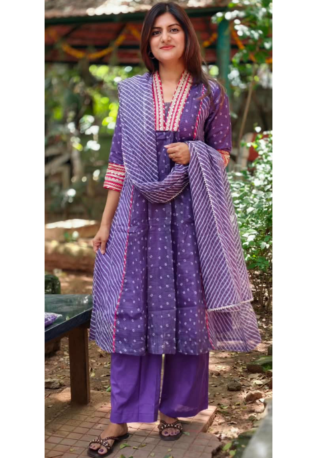 Graceful Purple Gotta Border Pink Highlights Bandhani Dots Kota Doria A-Line Full Suit Set With Dupatta- 16099