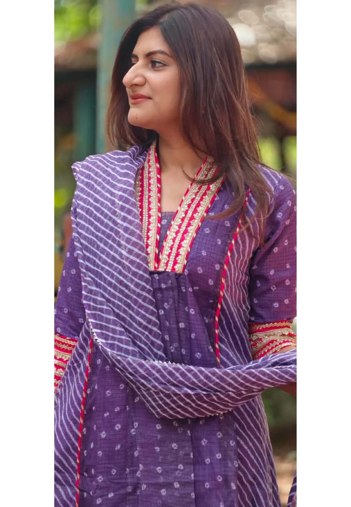 Graceful Purple Gotta Border Pink Highlights Bandhani Dots Kota Doria A-Line Full Suit Set With Dupatta- 16099