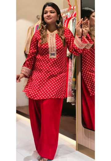 Red Bandhani Printed Crepe Short Kurti with Heavy Embroidered Neckline Yoke, Bordered Sleeves, and Solid Farshi Bottom- 16991