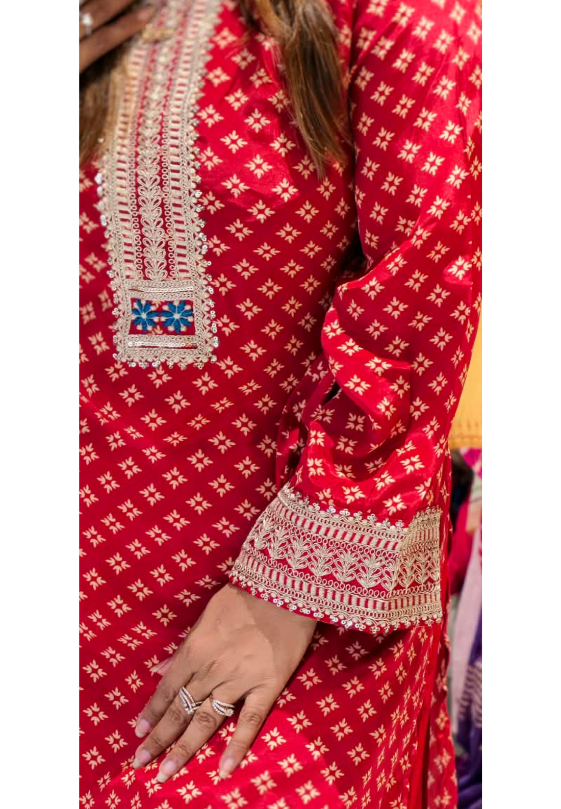 Red Bandhani Printed Crepe Short Kurti with Heavy Embroidered Neckline Yoke, Bordered Sleeves, and Solid Farshi Bottom- 16991