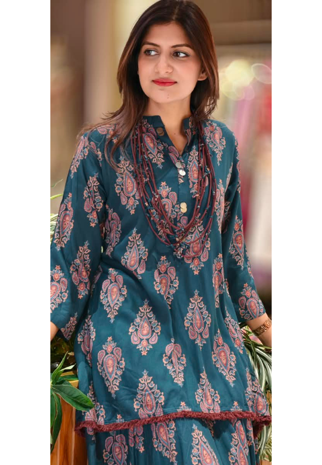 Floral Block Paisley Printed Asymmetrical Layered Attached Cotton Indo-Wear with Fringe Trims and Statement Thread Necklace- 17023