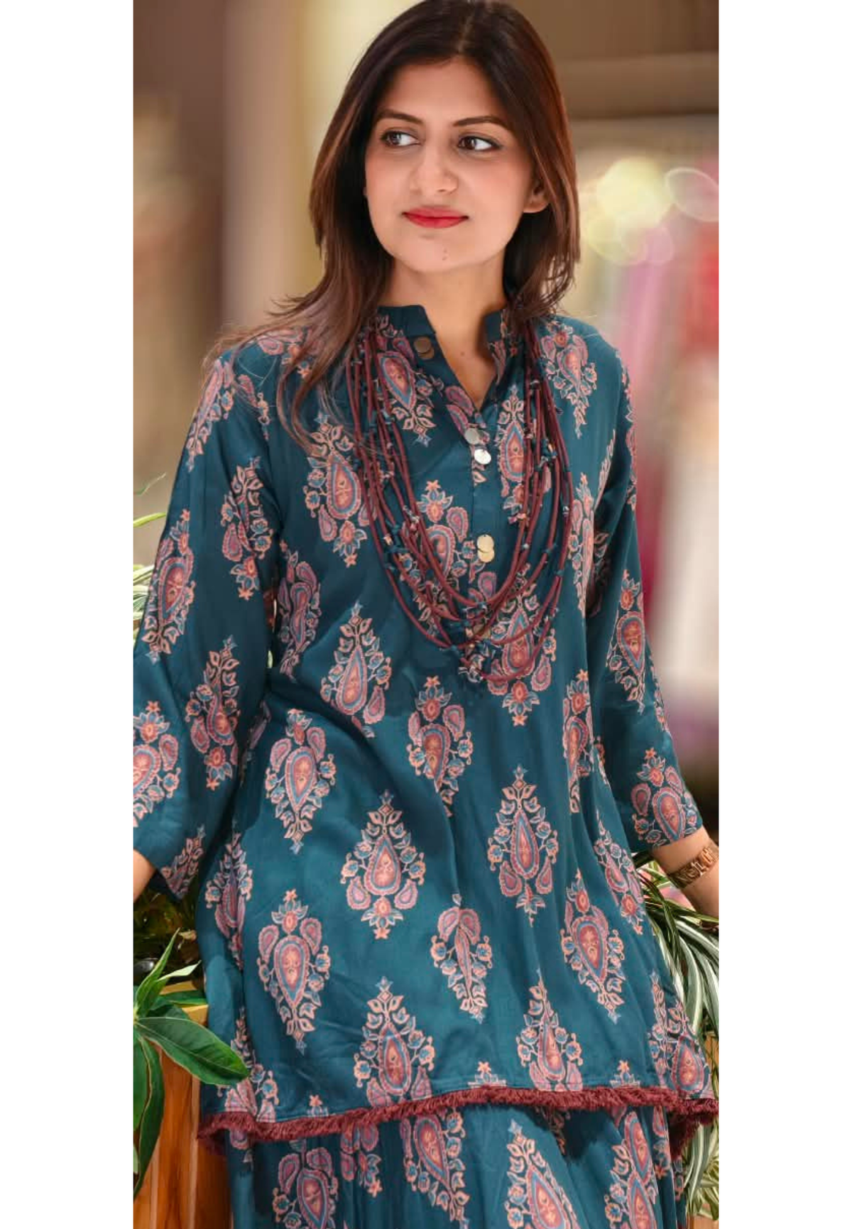 Floral Block Paisley Printed Asymmetrical Layered Attached Cotton Indo-Wear with Fringe Trims and Statement Thread Necklace- 17023