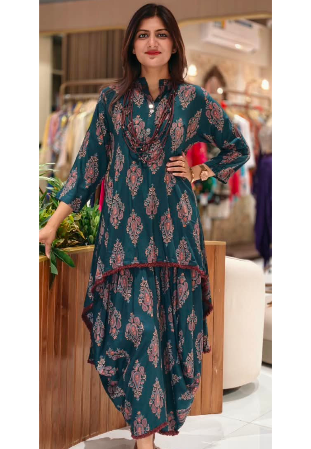 Floral Block Paisley Printed Asymmetrical Layered Attached Cotton Indo-Wear with Fringe Trims and Statement Thread Necklace- 17023
