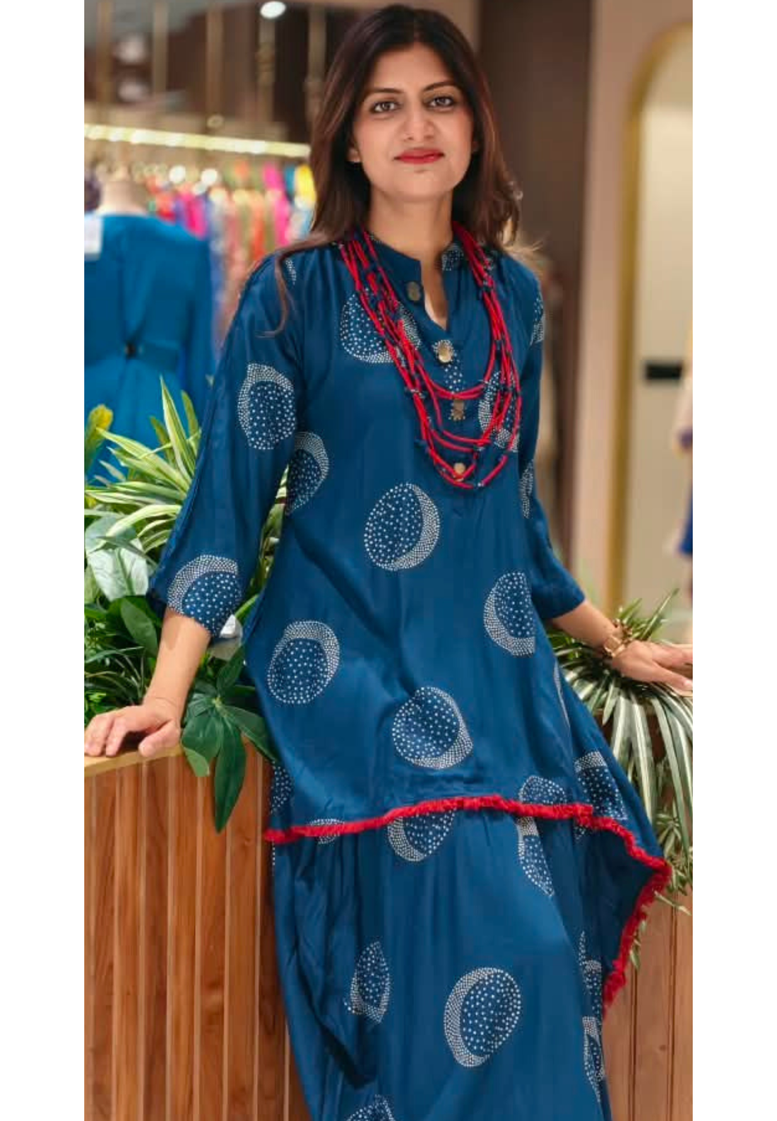 Blue Crescent Circle Printed Asymmetrical Layered Attached Indo-Wear with Red Fringe Border and Statement Thread Necklace- 17024