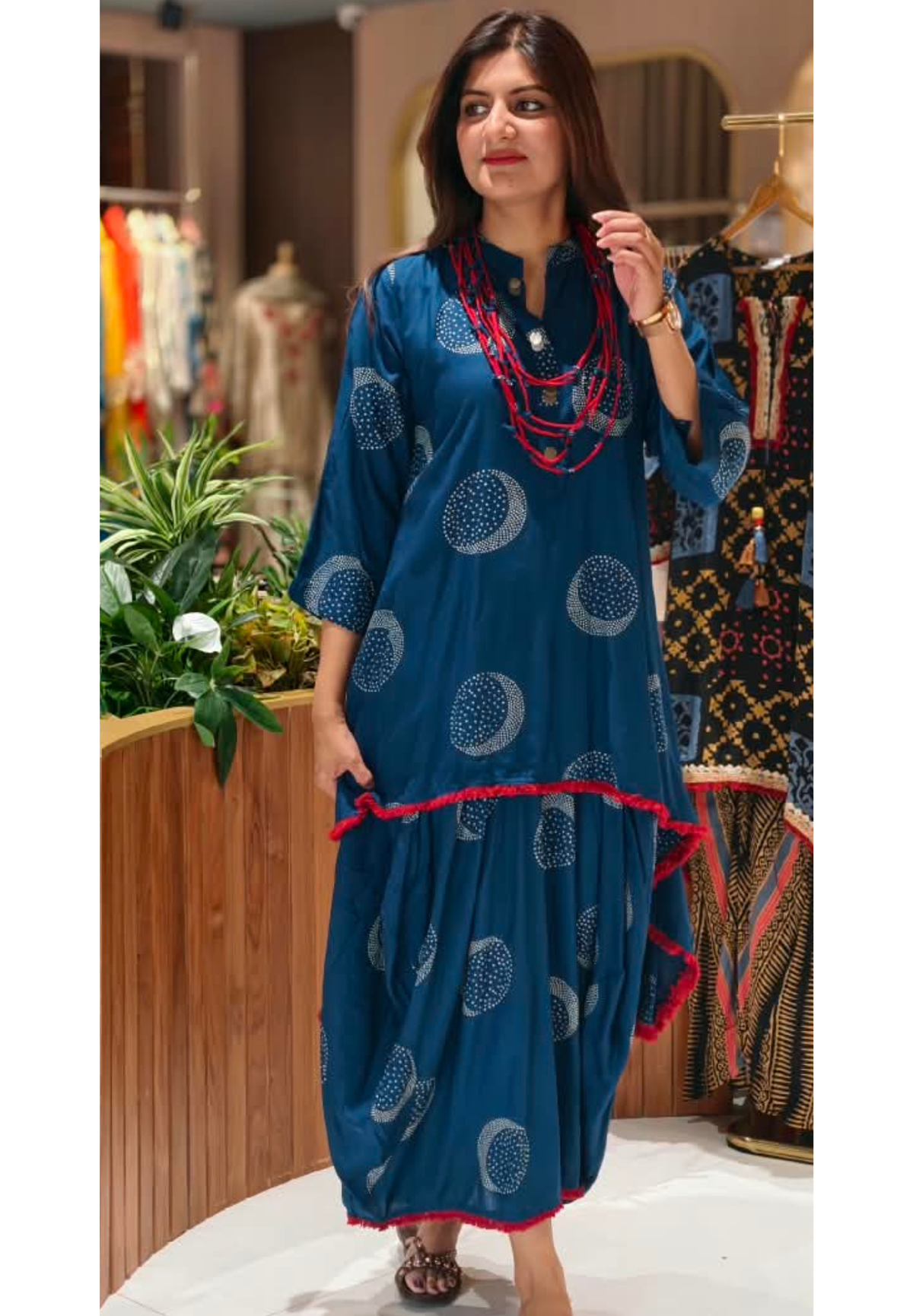 Blue Crescent Circle Printed Asymmetrical Layered Attached Indo-Wear with Red Fringe Border and Statement Thread Necklace- 17024