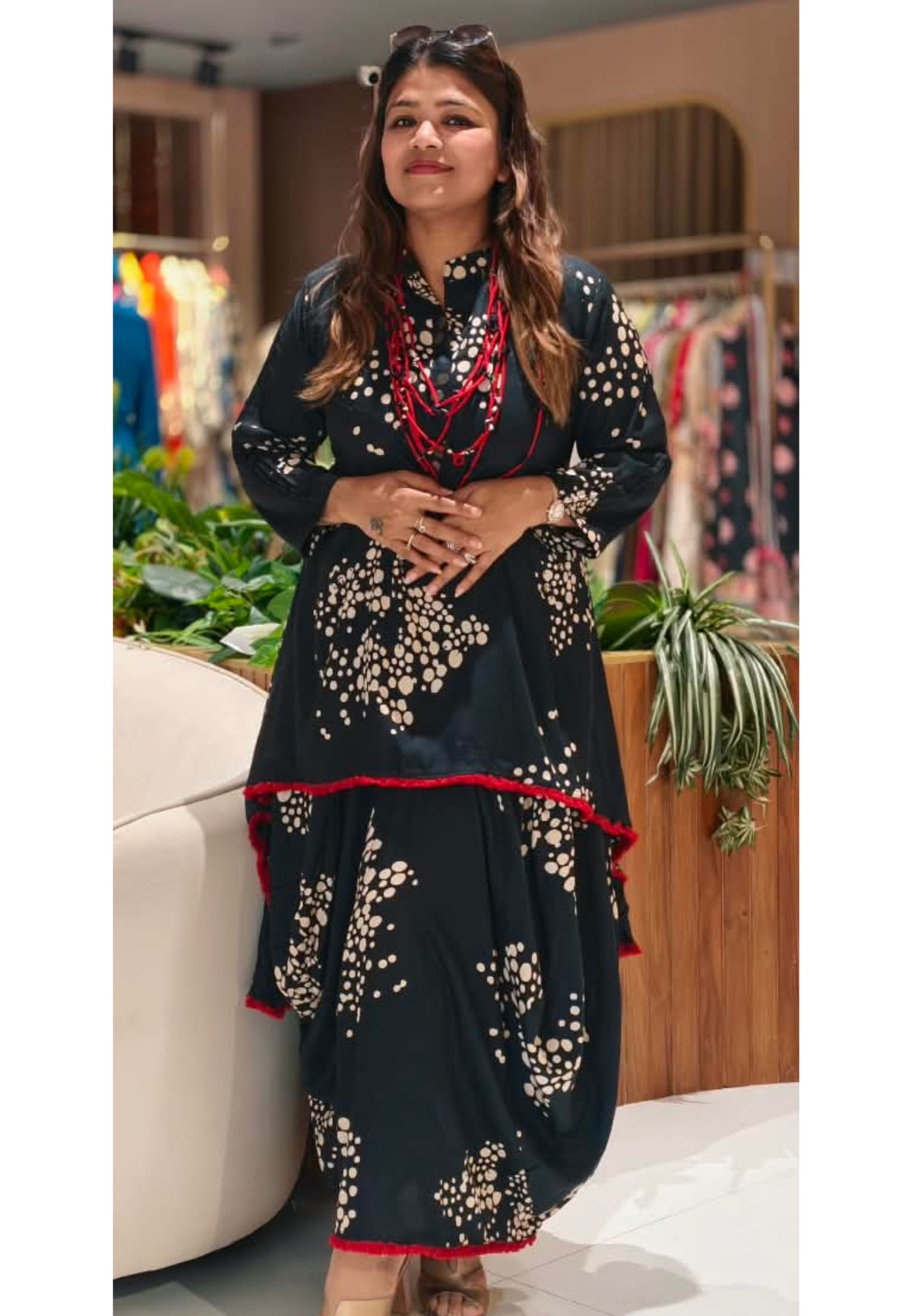 Black Polka Dot Printed Asymmetrical Layered Attached Cotton Indo-Wear with Red Tassel Lace Detailing and Statement Thread Necklace- 17022