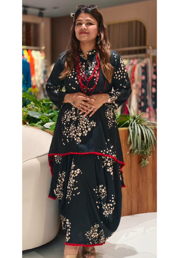 Black Polka Dot Printed Asymmetrical Layered Attached Cotton Indo-Wear with Red Tassel Lace Detailing and Statement Thread Necklace- 17022