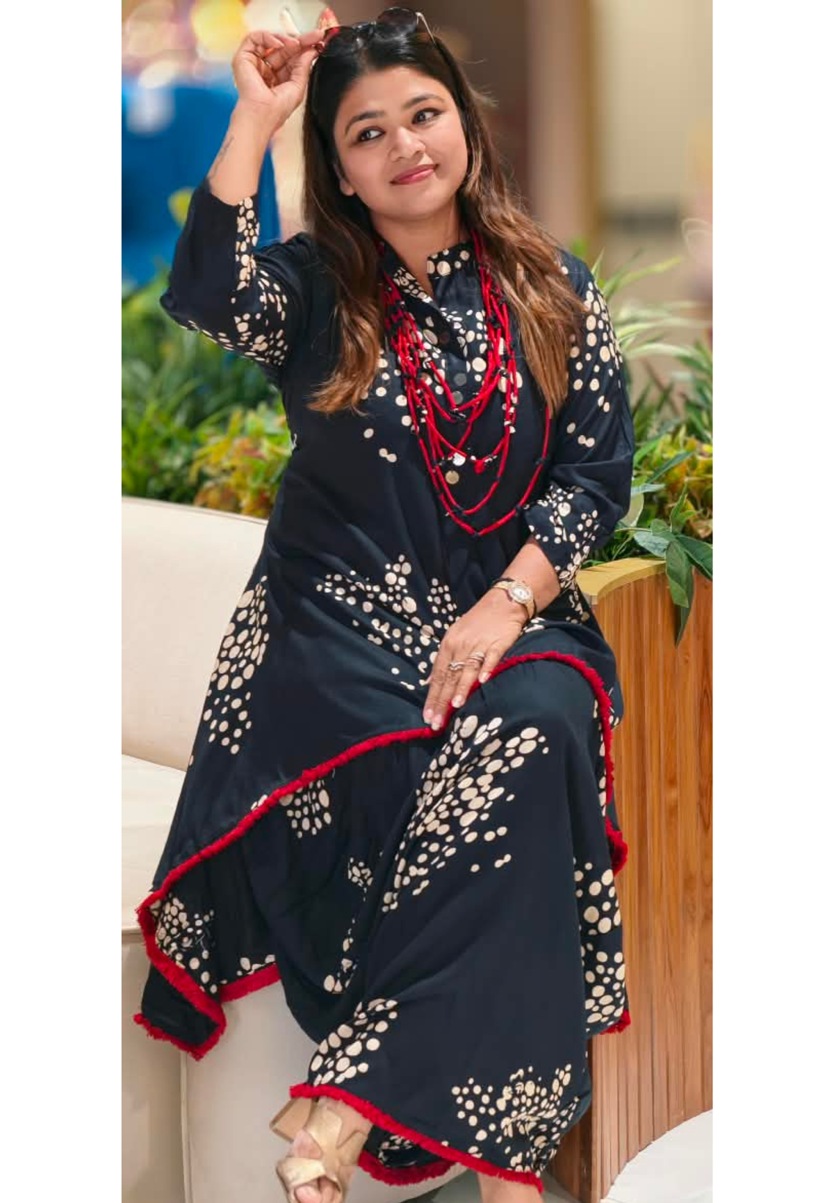 Black Polka Dot Printed Asymmetrical Layered Attached Cotton Indo-Wear with Red Tassel Lace Detailing and Statement Thread Necklace- 17022