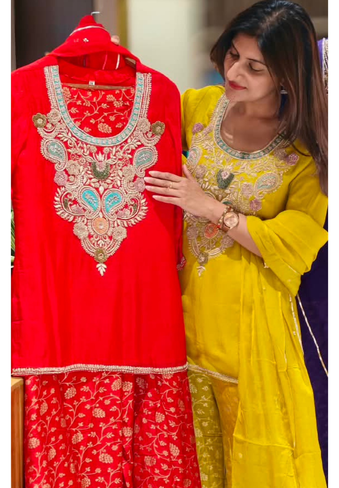 Festive Chich Multicolor Thread Zardosi Embroidery Yoke Short Length Kurta With Banarasi Brocade Loose Palazzo Pant- 17005