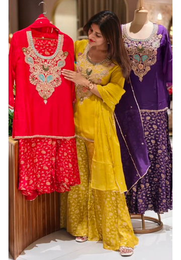 Festive Chich Multicolor Thread Zardosi Embroidery Yoke Short Length Kurta With Banarasi Brocade Loose Palazzo Pant- 17005