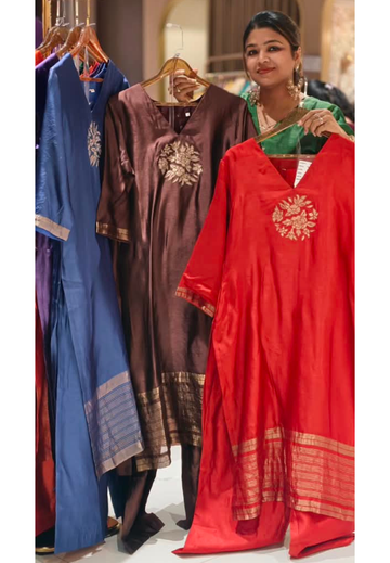 Pure Raw Silk Straight Kurta Side Slit  Set with V-Neckline Gold Floral Embroidery on Front, Metallic Gold Striped Hem Border and Matching Bottom- 17053