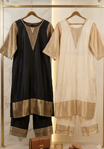 Decorative V-Shaped Neckline Panel, Broad Metallic Gold Striped Hem Border Raw Silk Kurta With Matching Wide-Leg Pant- 17044