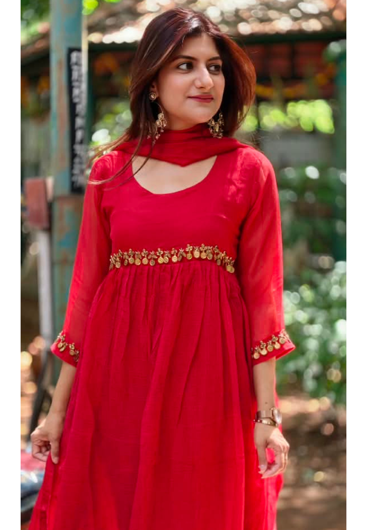 Golden Coin Tassel Over Joint Pure Banarasi Kota Checks Solid Anarkali Full Suit Set With Dupatta- 17013