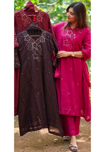 Katha Stitch Embroidered Star Accent Premium Cotton A-Line Full Suit Set With Matching Dupatta- 17014