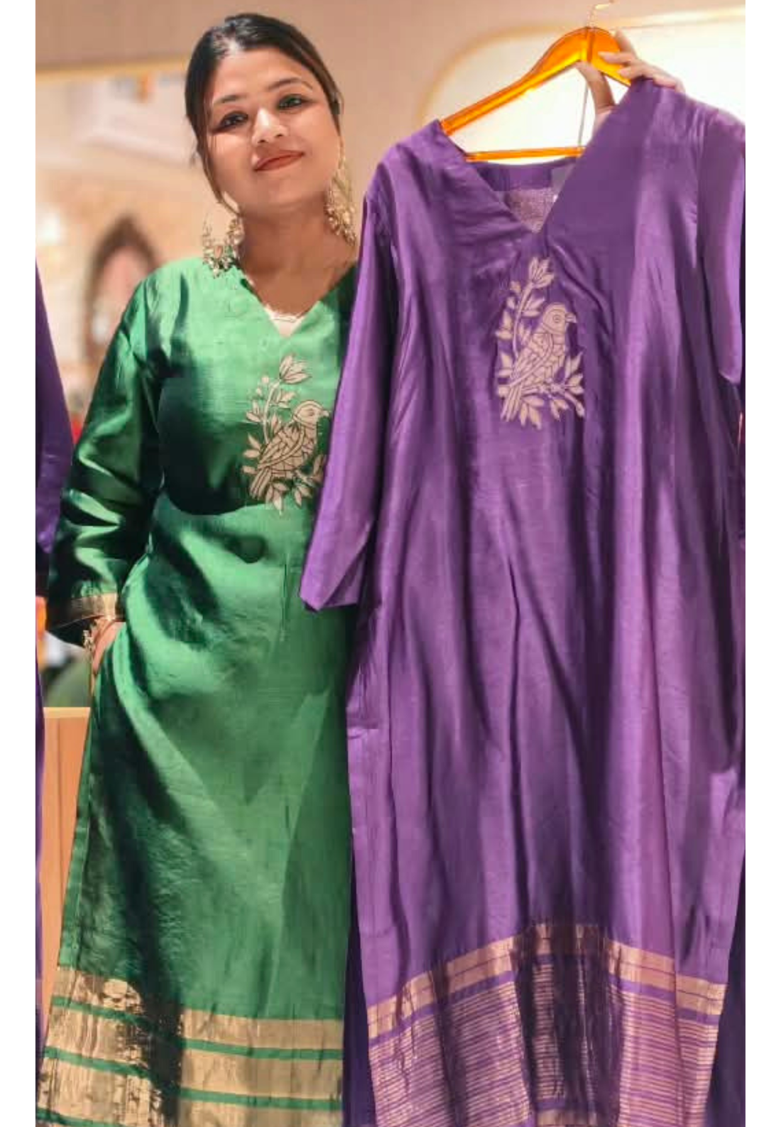 Bird and Floral Branch Motifs, Metallic Gold Striped Hem Border Pure Raw Silk Straight Kurta Side Silt With Matching Straight Pants- 17051