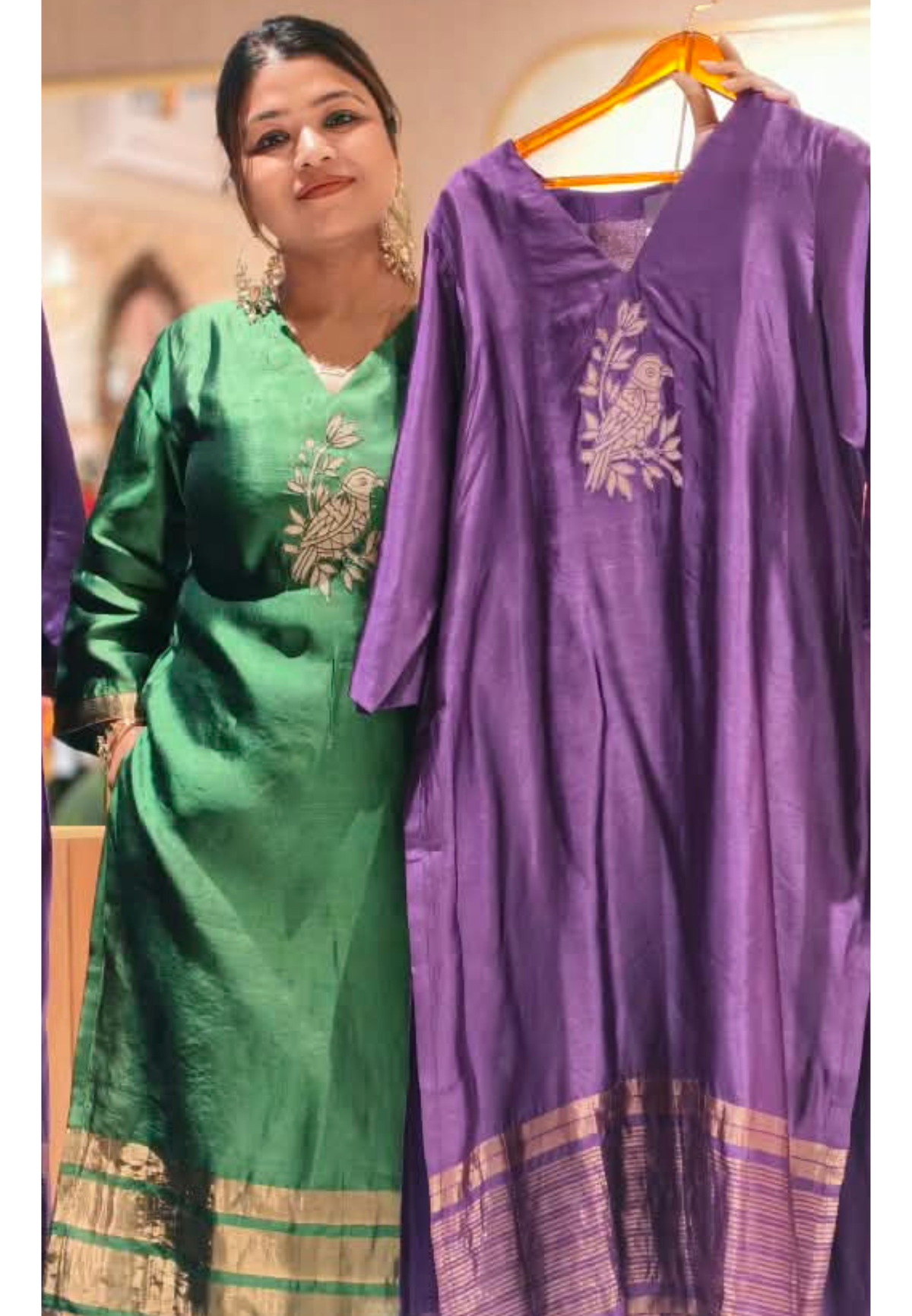 Bird and Floral Branch Motifs, Metallic Gold Striped Hem Border Pure Raw Silk Straight Kurta Side Silt With Matching Straight Pants- 17051