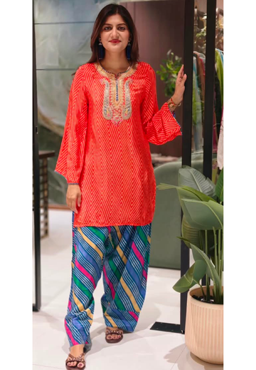 Orange Chevron Diagonal Printed Crepe Short Kurti With Intricate Heavy Embroidered Scoop Neckline and Multicolor Leheriya Farshi Salwar- 16993