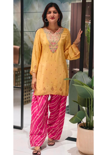 Mustard Yellow Crepe Short Kurta with Floral Embroidered V-Neck Placket, with Hot Pink Leheriya Farshi Salwar- 16992