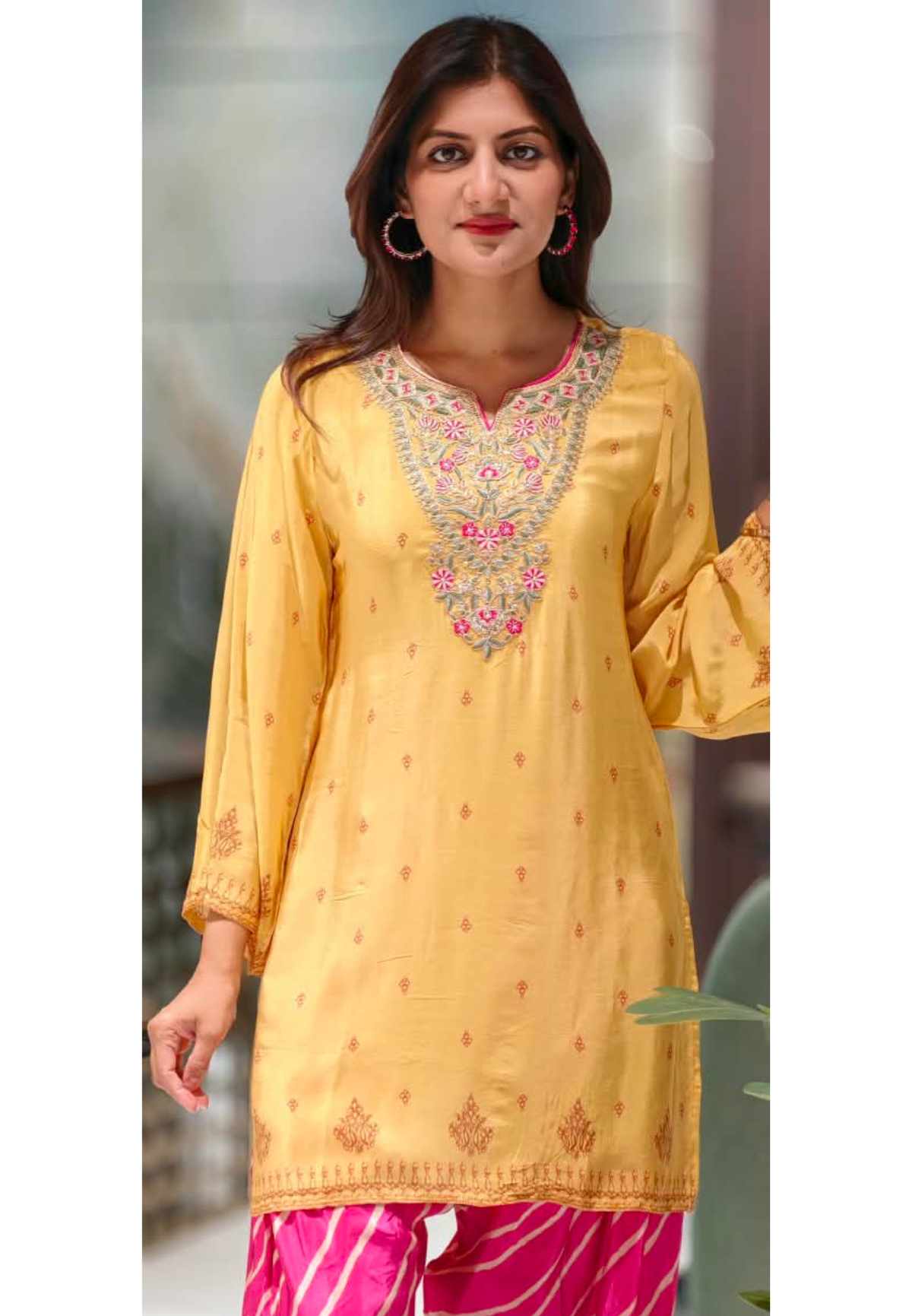 Mustard Yellow Crepe Short Kurta with Floral Embroidered V-Neck Placket, with Hot Pink Leheriya Farshi Salwar- 16992