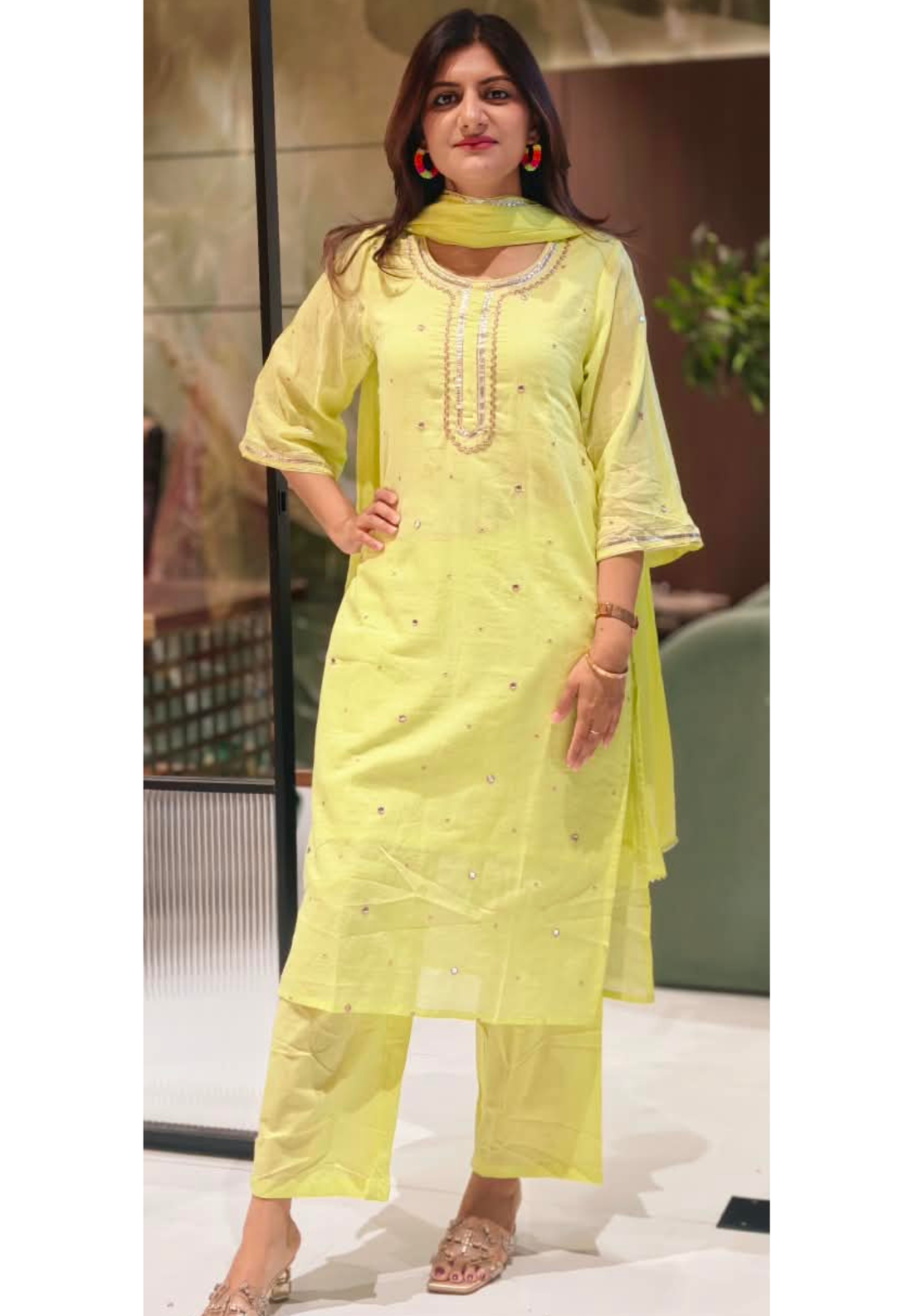 Beautiful Foil Mirror Work Mulcotton Straight Cut Solid Color Matching Full Suit Set With Dupatta- 16990