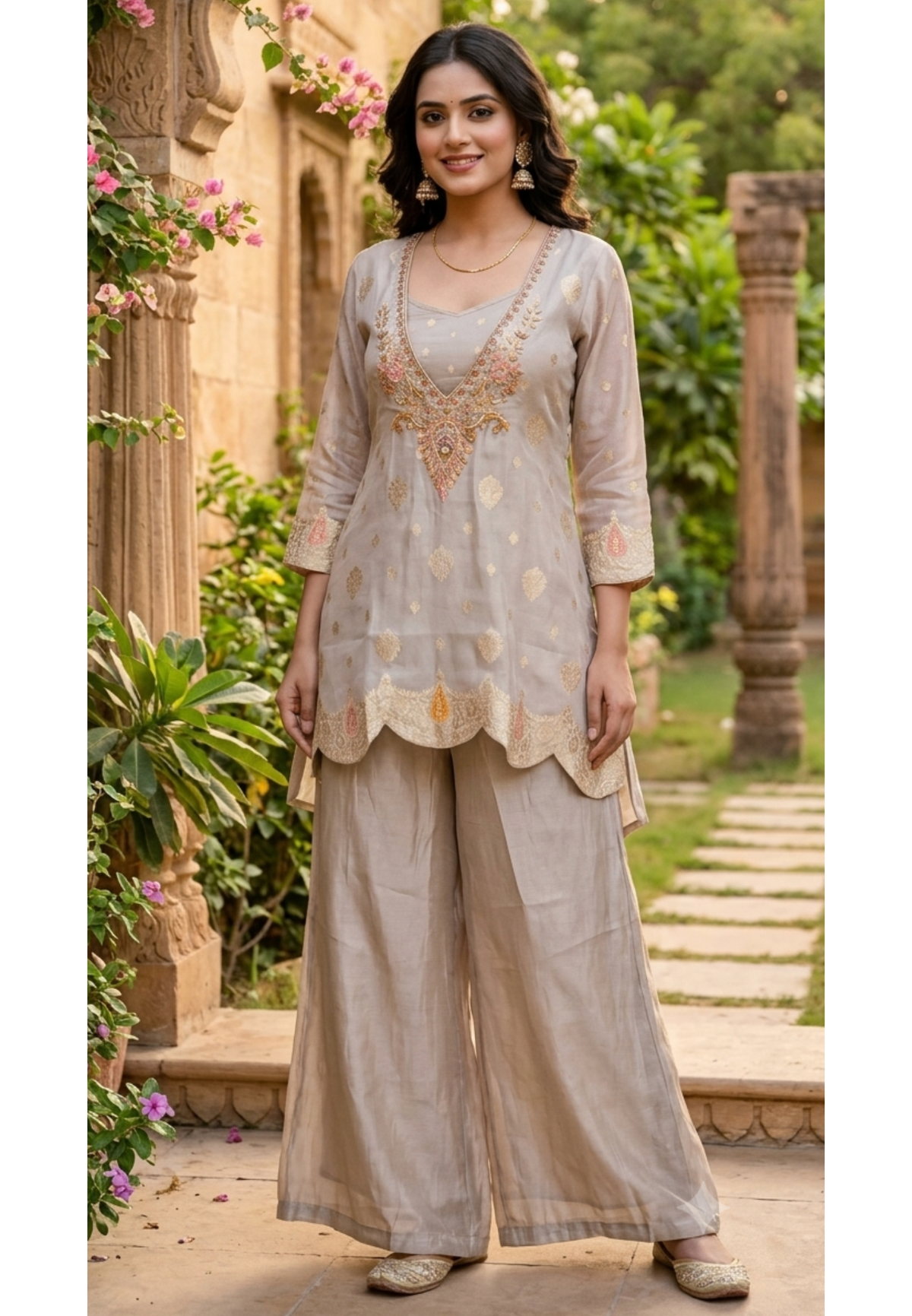Ivory Metallic Multicolor Thread Embroidered Brocade Touch Bustier Style Co-Ord Set- 17025
