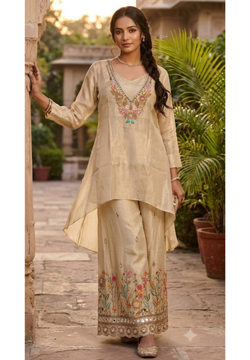 Ivory Intricate Floral Embroidery Bustier & Outer Style Co-Ord Set In Tissue Fabric- 17028