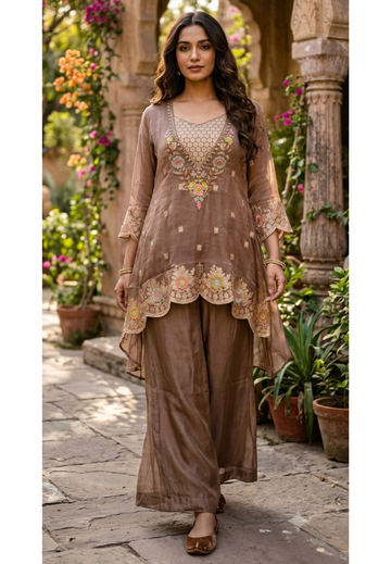 Dusty Shade Complete Brocade Bustier With Multicolor Thread Embroidery Co-Ord Set- 17026