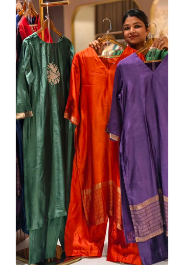 Minimal Metallic Gold Striped and Textured Woven Hem Border Raw Silk Matching Back Patchwork Straight Kurta Side Slit Pant Set - 17055 17056